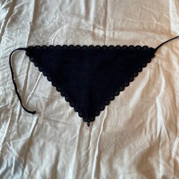 Suede Like Head Kerchief with Scalloped Edges. Navy & Dark Green - Picture 2 of 3